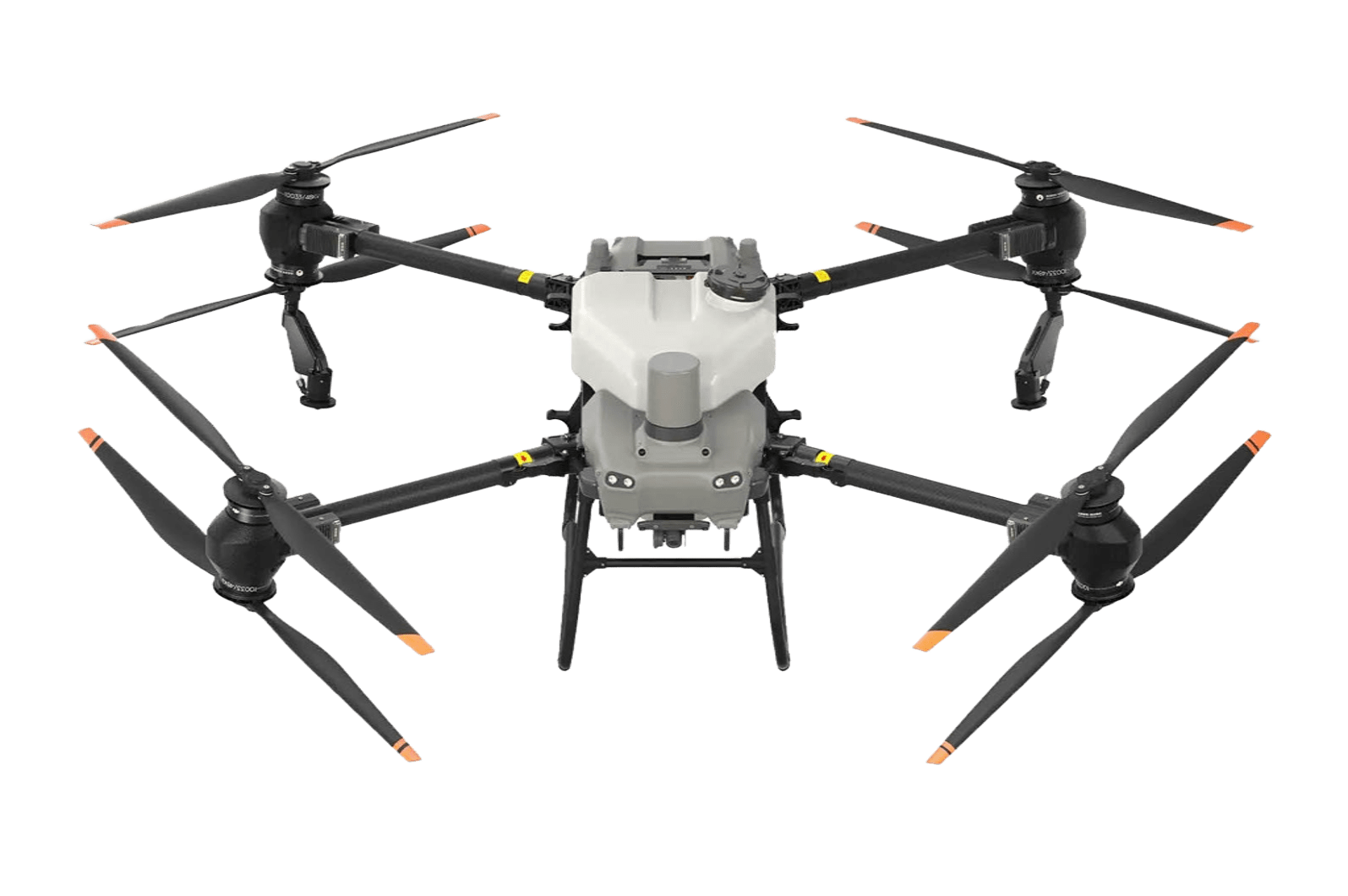 Dron agrícola con tanque central y brazos plegables equipado con hélices de gran tamaño