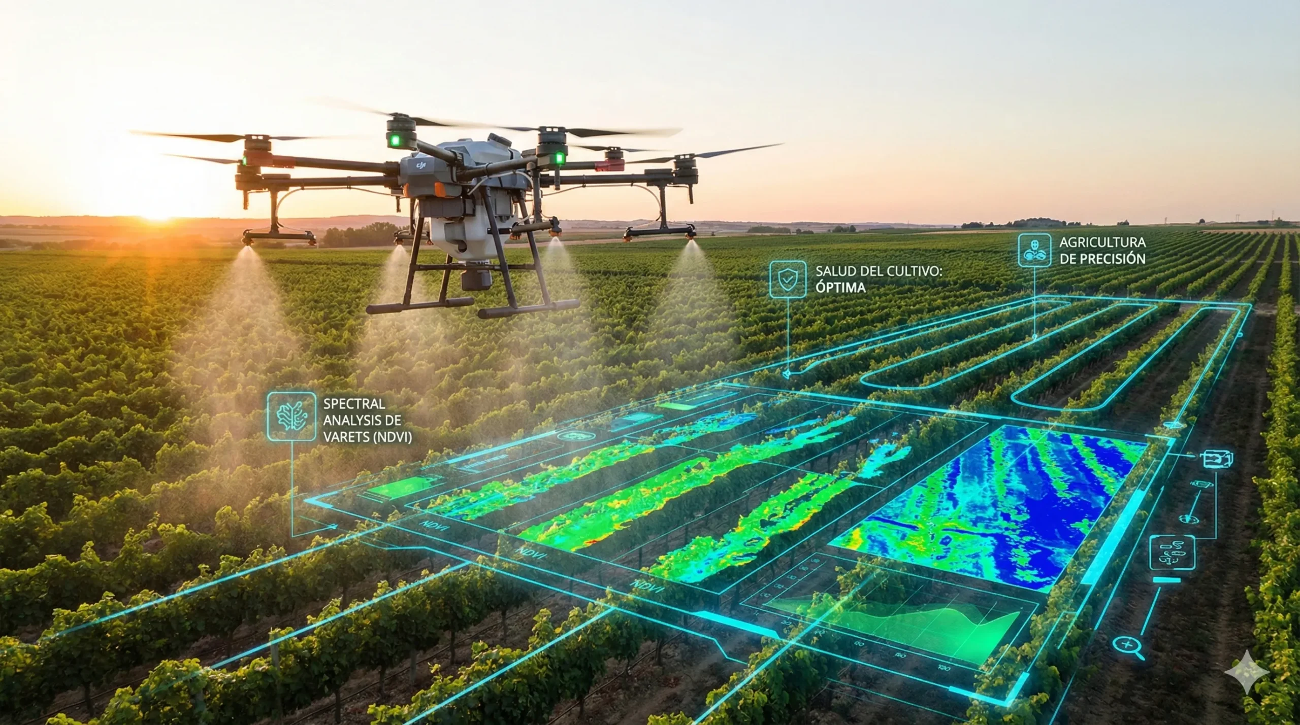 dron agricola en el campo fumigando productos fitosanitarios