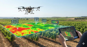 dron agricola volando campo controlado por humano